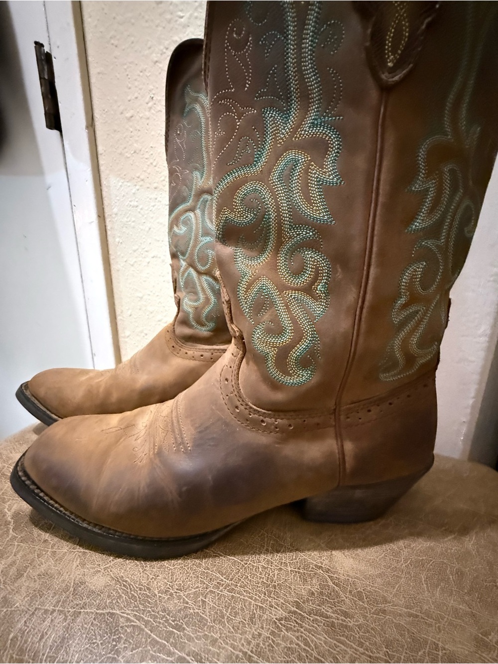 Justin Boots Brown distressed Leather Western Boots with Teal Embroidery